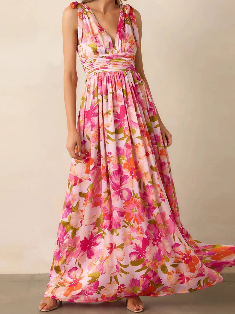 Elegant Maxi Dress with Boho Floral Print Stylish V-Neckline and Chic Tie-Up Shoulder Detail Perfect for Summer Casual Wear