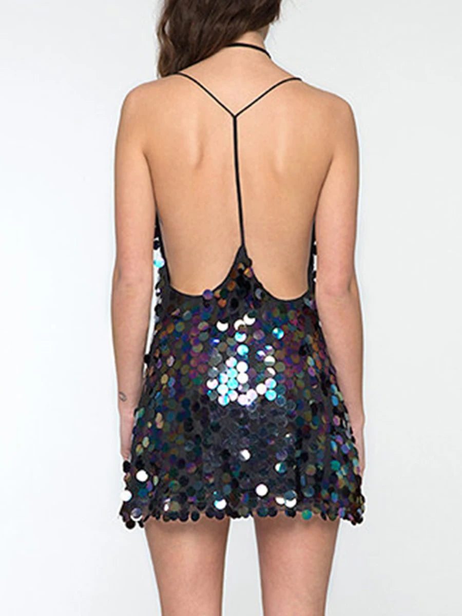 Women Summer Mini Dress Sequins Deep V-Neck Spaghetti Strap Sleeveless Backless Sling Dress Evening Party Short Dress
