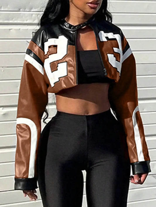 Women's Red Faux Leather Zipper Bomber Jacket - Short Casual Coat for Christmas/New Year Party Outfits