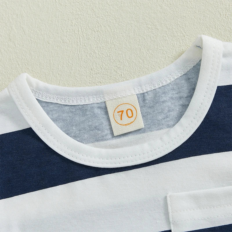 Boys Summer Outfit Set Short Sleeve Striped Tee and Solid Color Shorts Set with O Neck Design for a Stylish Look