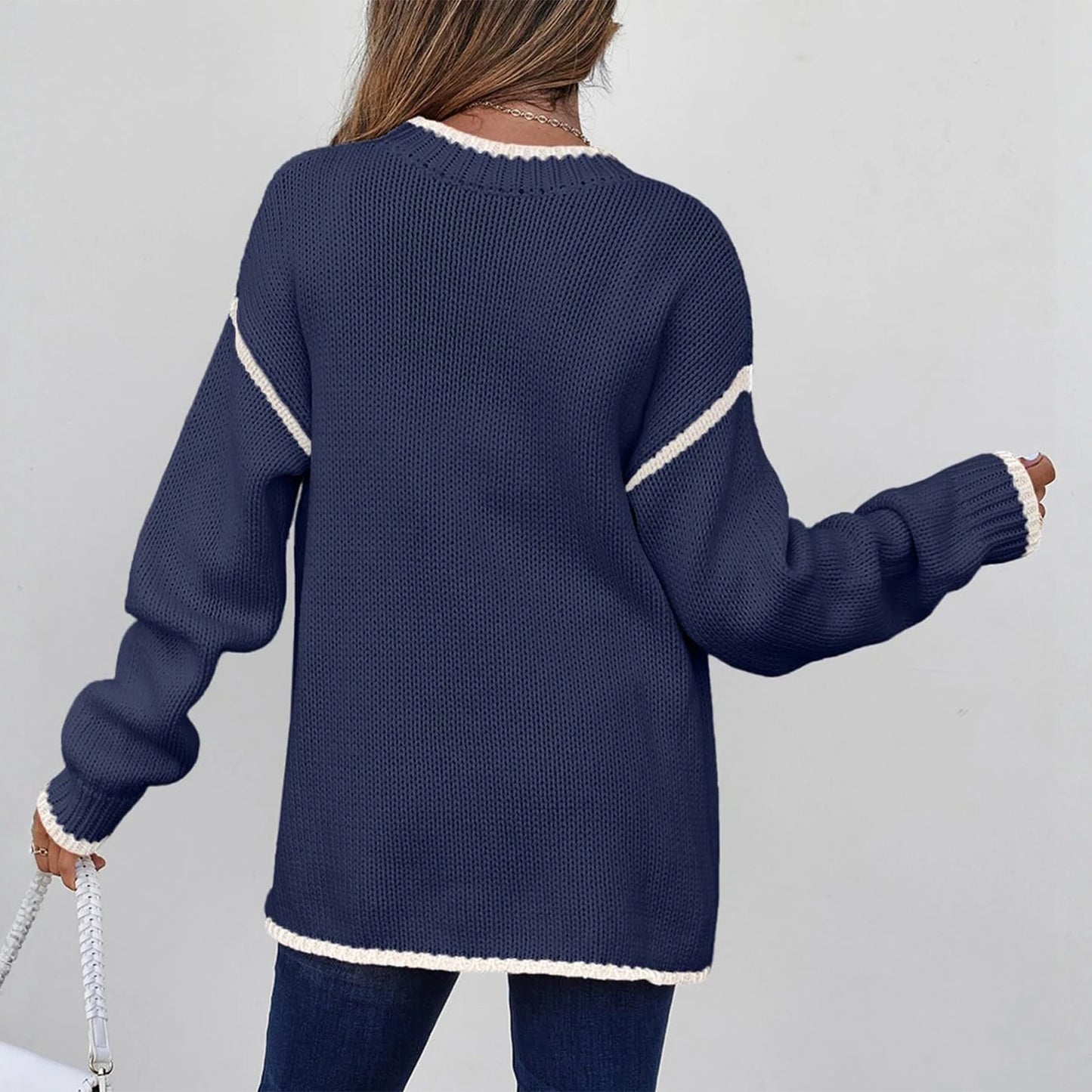 Women'S Fashion Color Blocked Round Neck Long Sleeved Knitted Sweater Pullover Sweater Top Winter Clothes Woman Ropa De Mujer