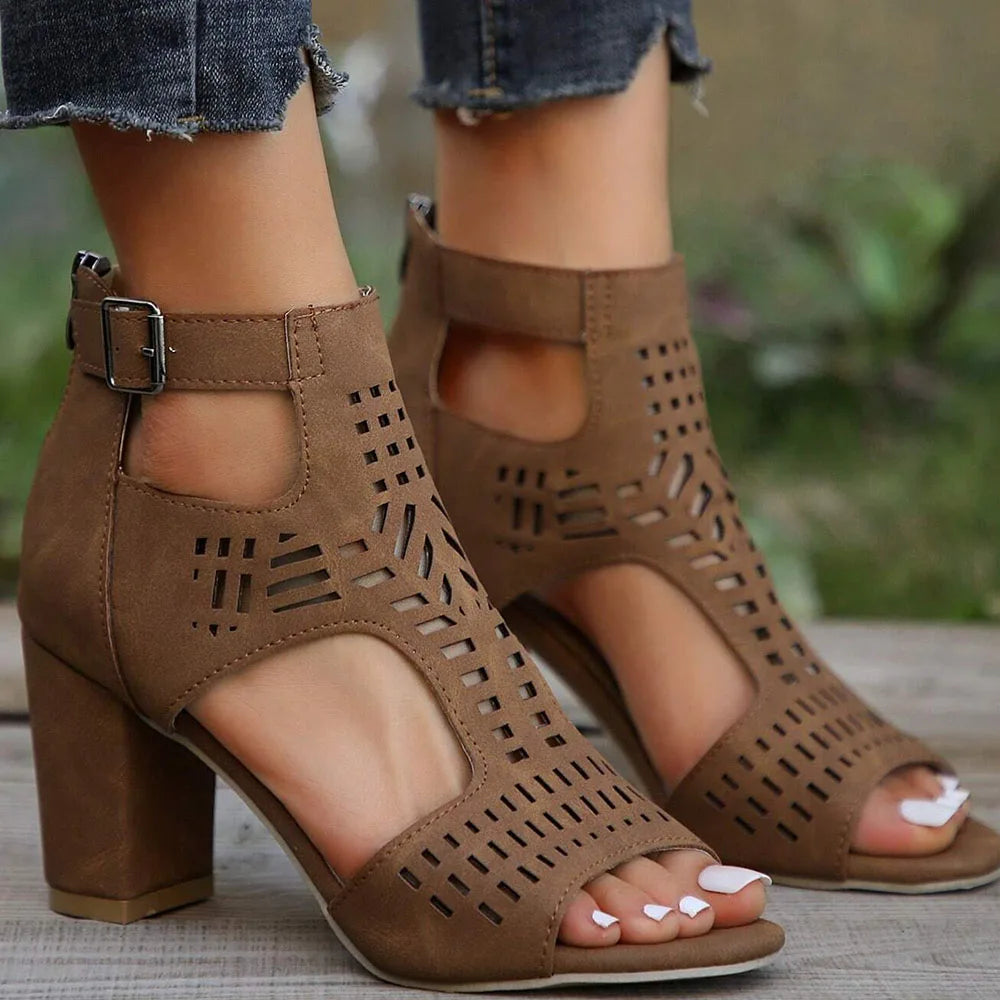 DoraTasia New Fashion Concise Women's Buckle High Heel Sandals Retro Hollow Out Design Chunky Heel Nightclub Ladies Sandals