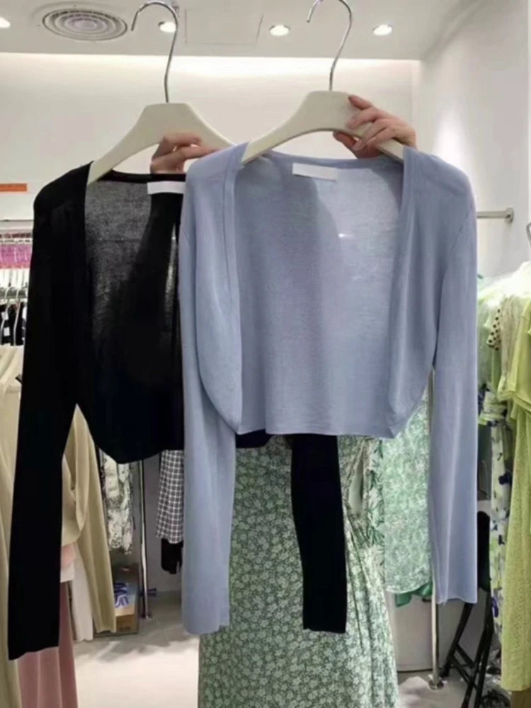 Short Ice Silk Knitted Sun Protection Cardigan Women's Thin Summer Suspender Skirt Layered Gauze Jacket Air-conditioned Cover Up