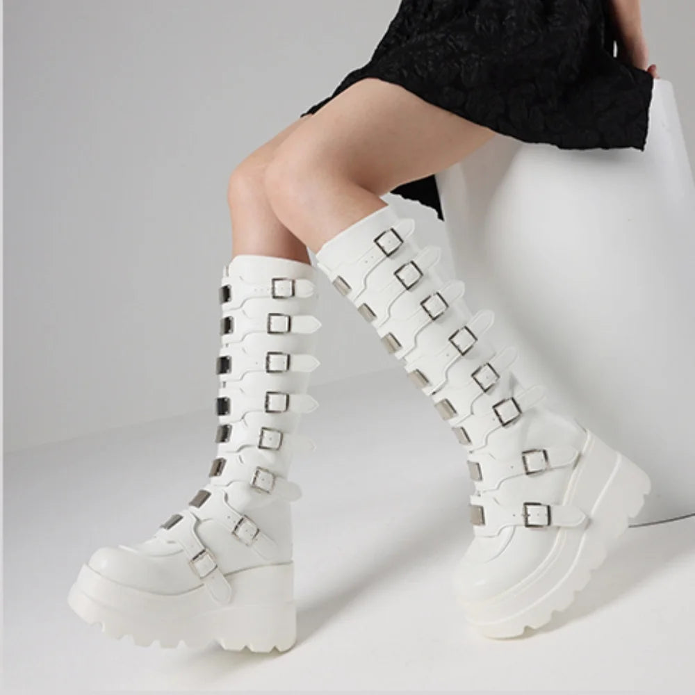 GIGIFOX Goth Metal Buckle Combat Mid-Calf Boots For Women Round Toe Platform Chunky High Wedges Cool Fashion Motorcycle Boots