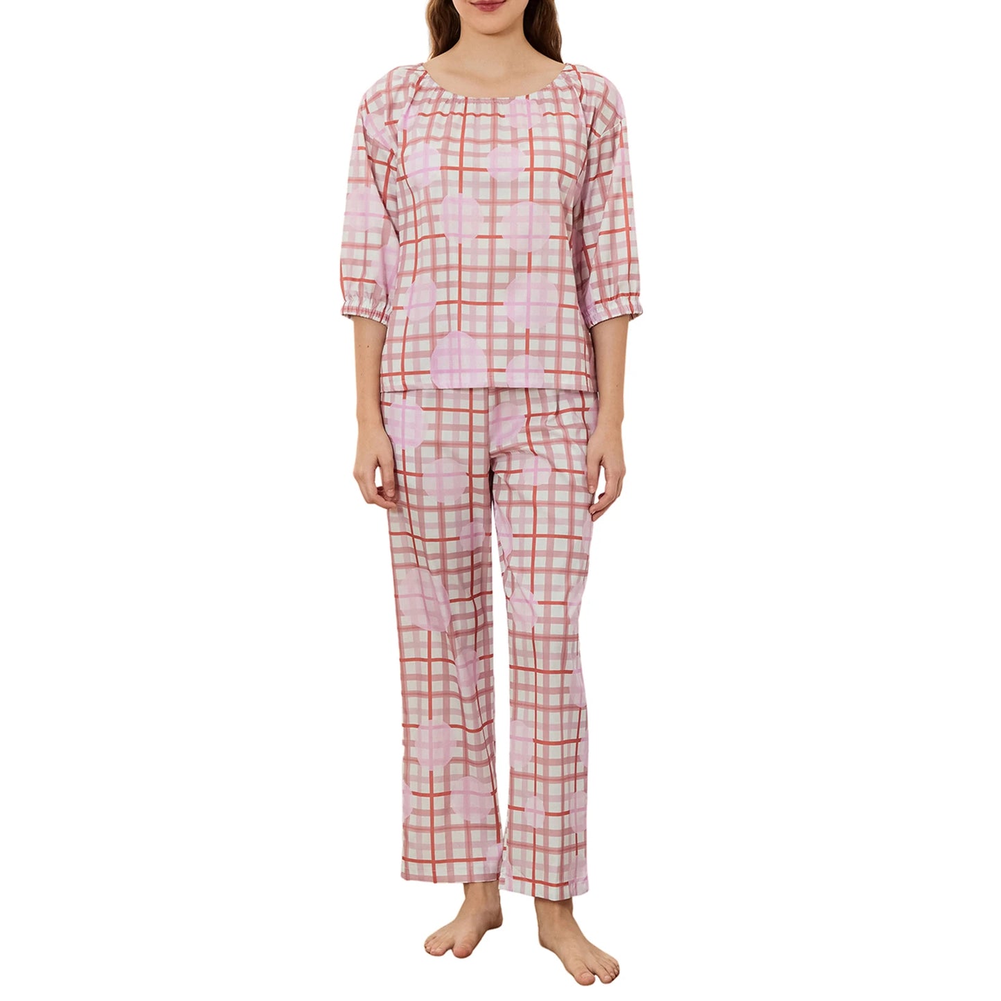 Women s Cozy Plaid Lounge Set with 3 4 Balloon Sleeves and Elastic Waist Pants - Scoop Neck Top and Long Bottoms for Fall