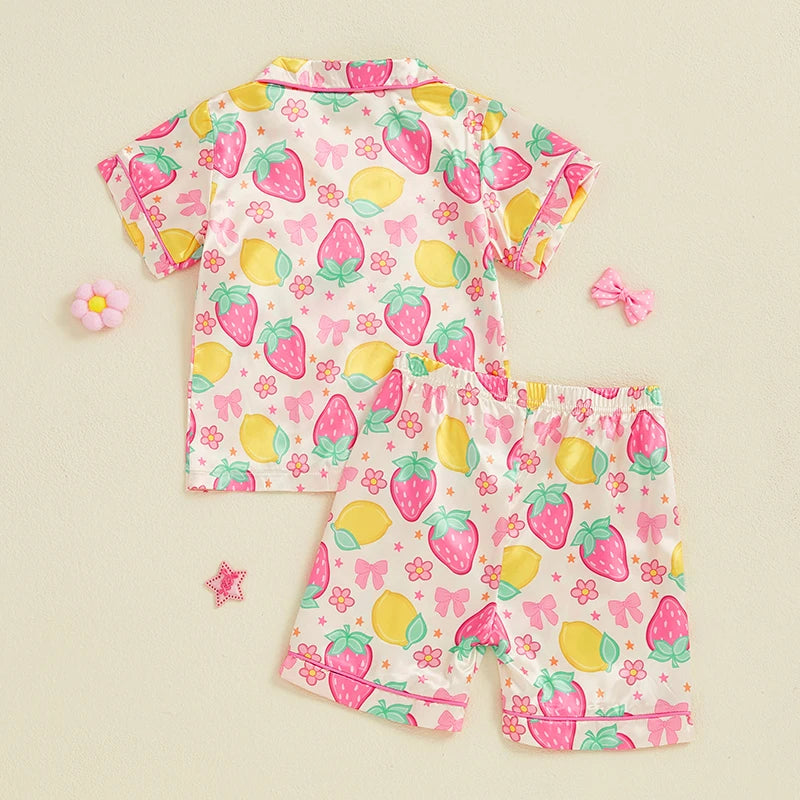 Girls Cute Summer Pajama Set with Bow Detail Fruit Print Lapel Collar Short Sleeves Button Down Top Shorts and Satin