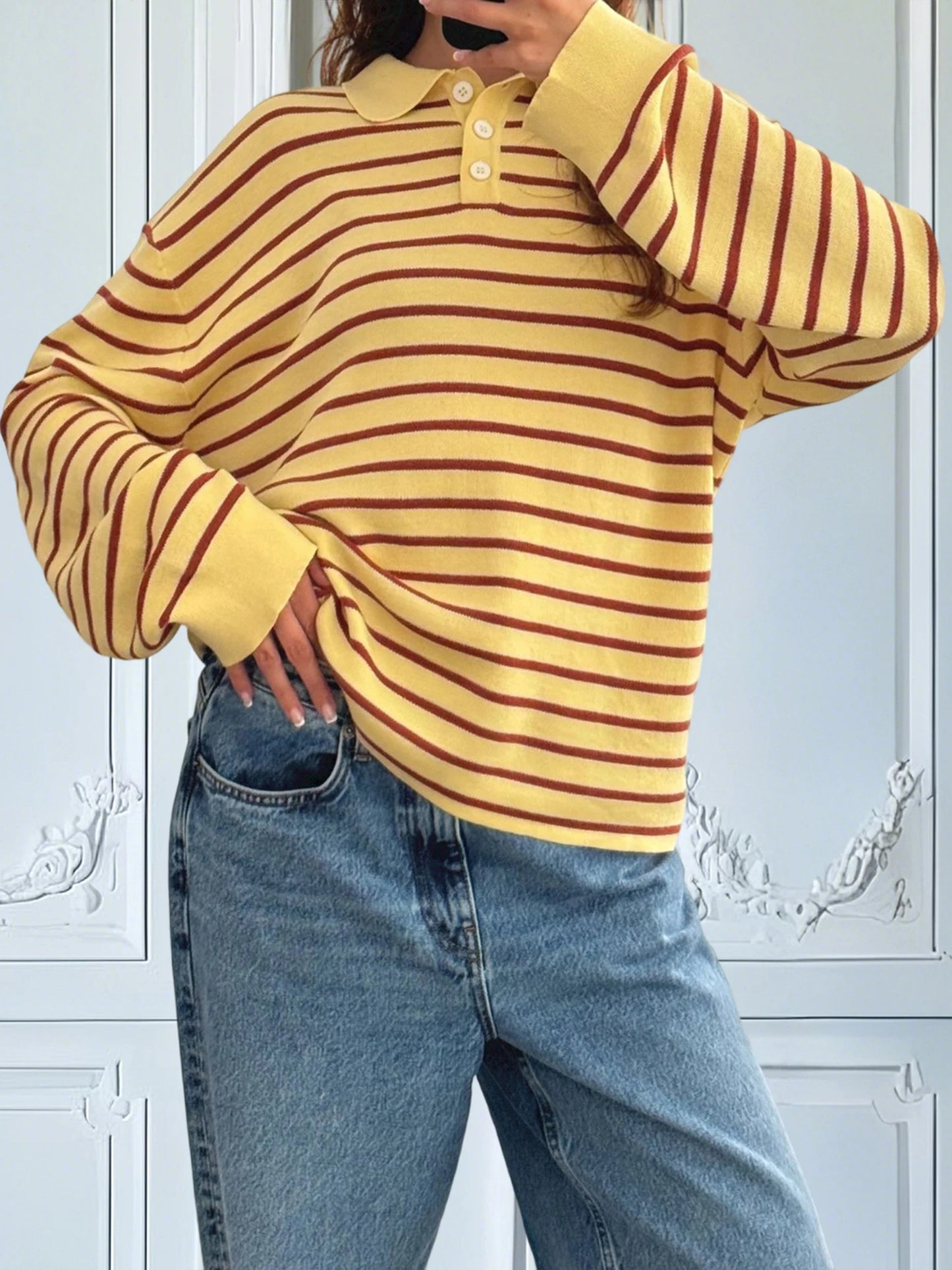 Women s Striped Collared Sweater with Loose Fit and Long Sleeves - Stylish Pullover Knit Top for Casual Winter and Fall Fashion