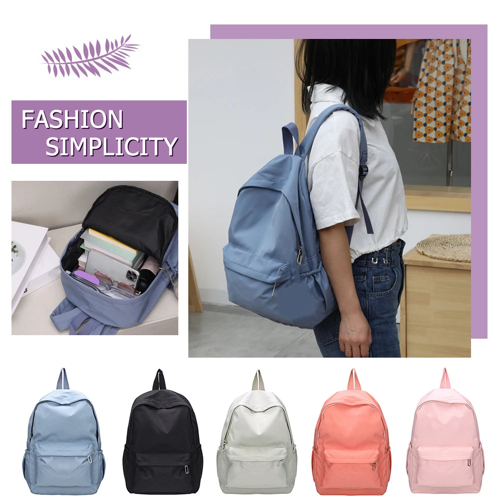 Simple Solid Color Shoulder Backpacks Nylon Large Capacity Travel Knapsacks Girls Student Daily Zipper Schoolbags