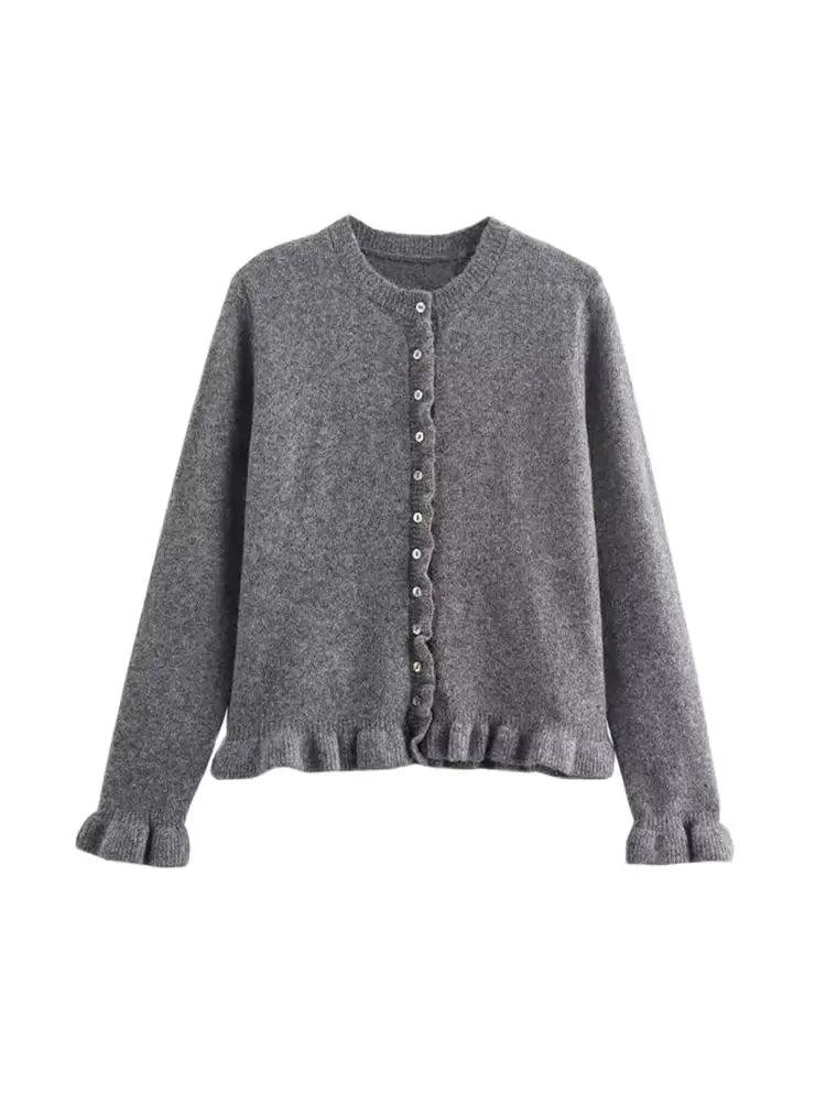 Women's Ruffled Knit Cardigan Sweater O-Neck Long Sleeve Chic Top with Front Buttons Fashion Outerwear