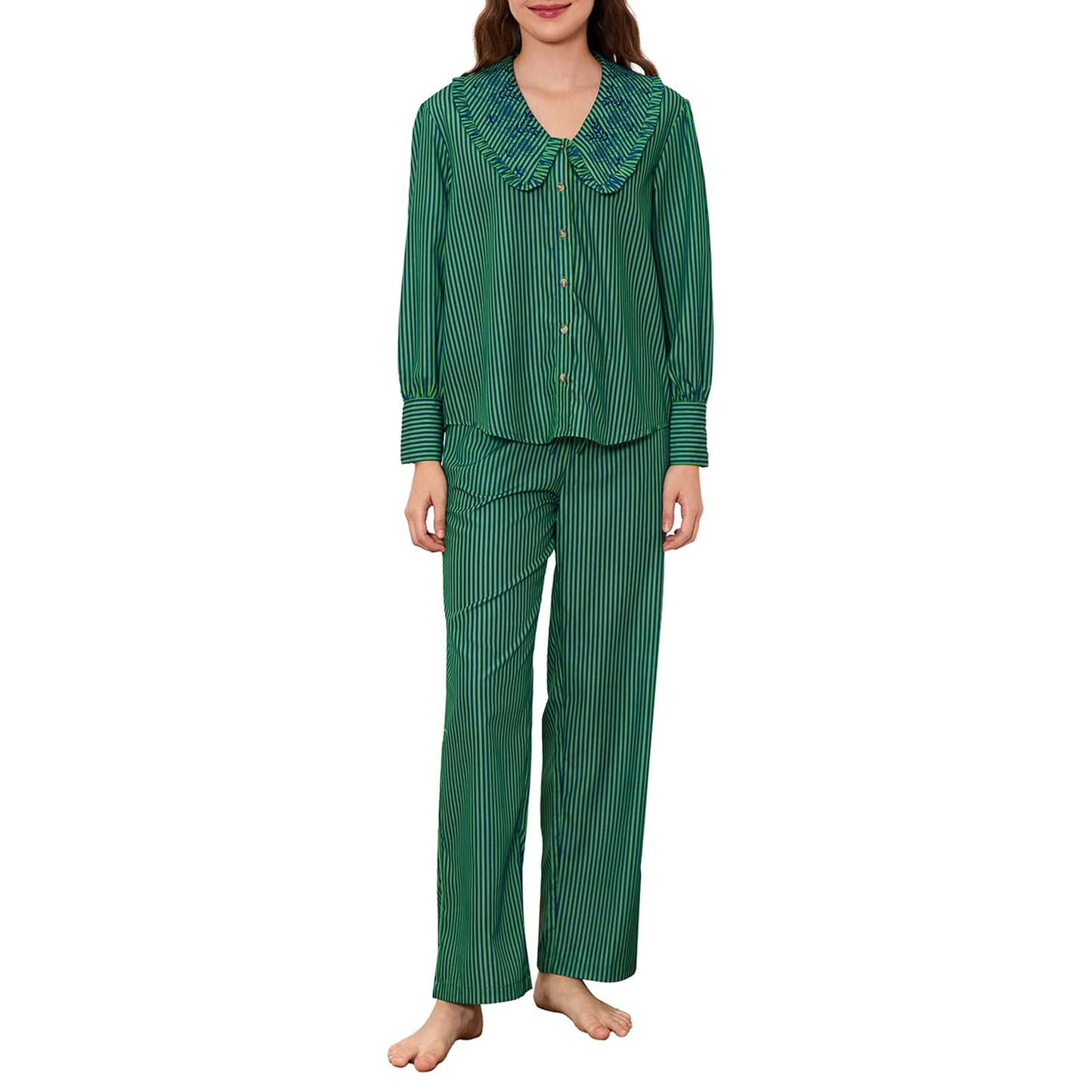 Women s Cozy Autumn Pajama Set with Striped Long Sleeve Top and Matching Pants Button Down Doll Collar Sleepwear
