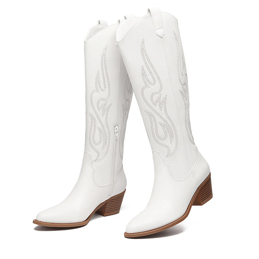 Women's Cowboy Boots Knee High Pointed Toe Western Cowgirl Boots Chunky Heel Embroidery Fashion Fall  shoes for women