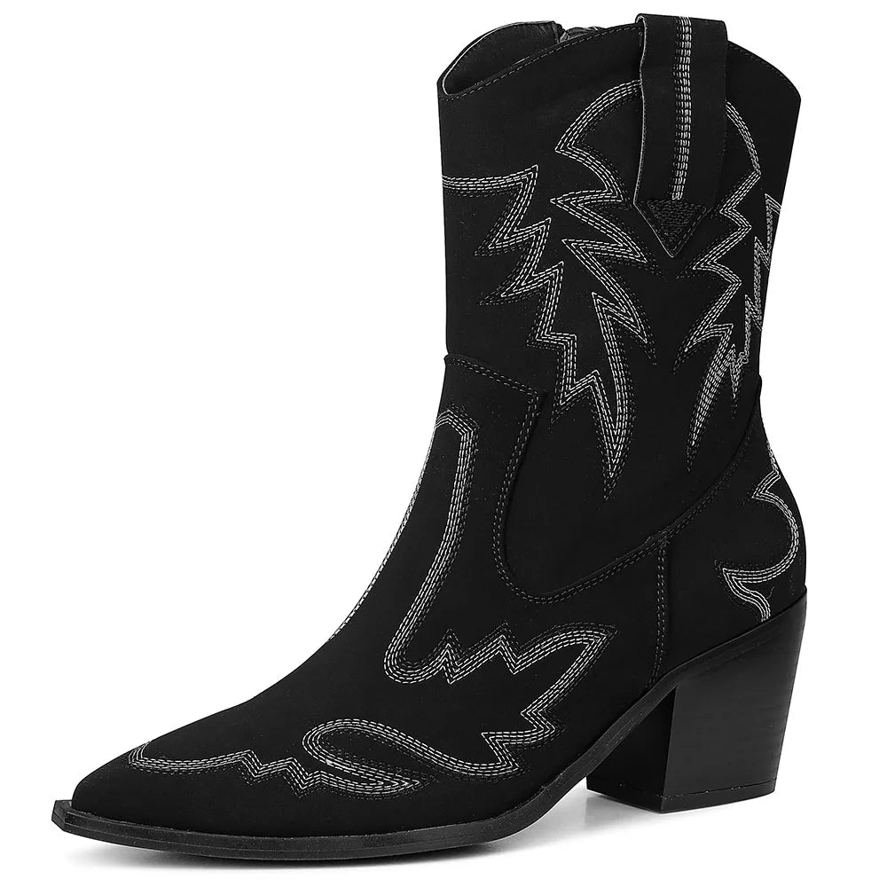 GIGIFOX Weatern Ankle Boots Side ZipperPointed Toe Chunky Mid-Heel Embroider Design Shoes Fashion Leisure All-Match Female Boots