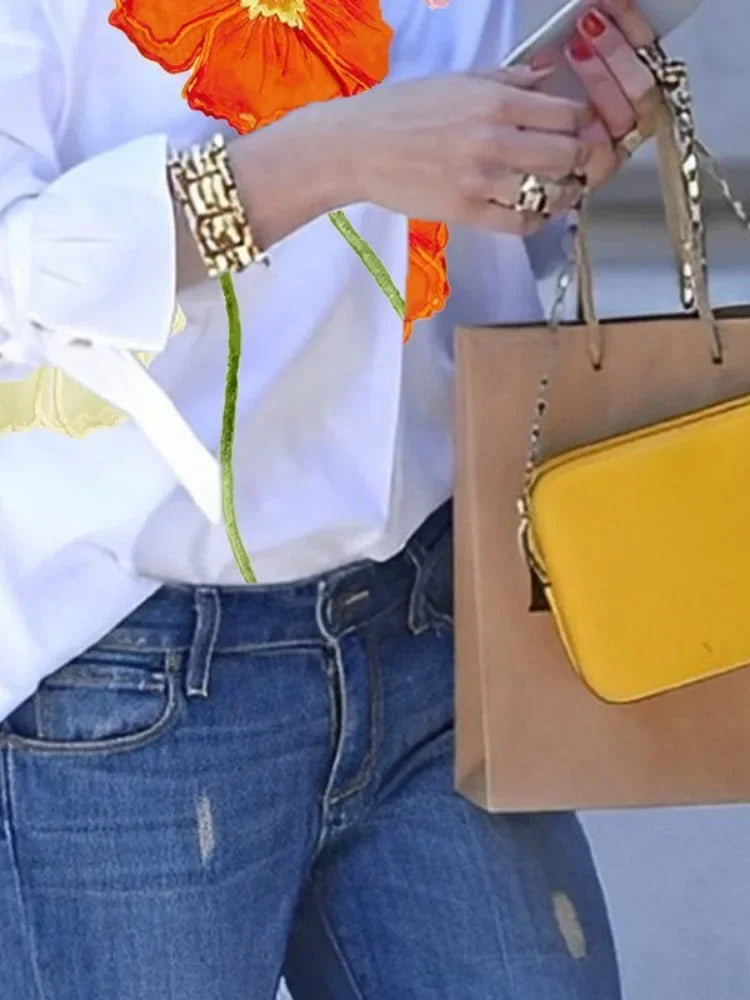 Korean Fashion Floral Printed Lapel Blouse For Women 2025 New Autumn Flared Sleeves Buttoned Urban Casual Shirts Tops