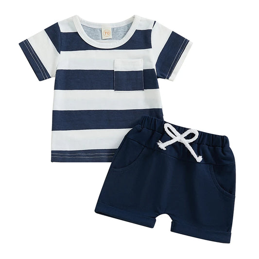 Boys Summer Outfit Set Short Sleeve Striped Tee and Solid Color Shorts Set with O Neck Design for a Stylish Look
