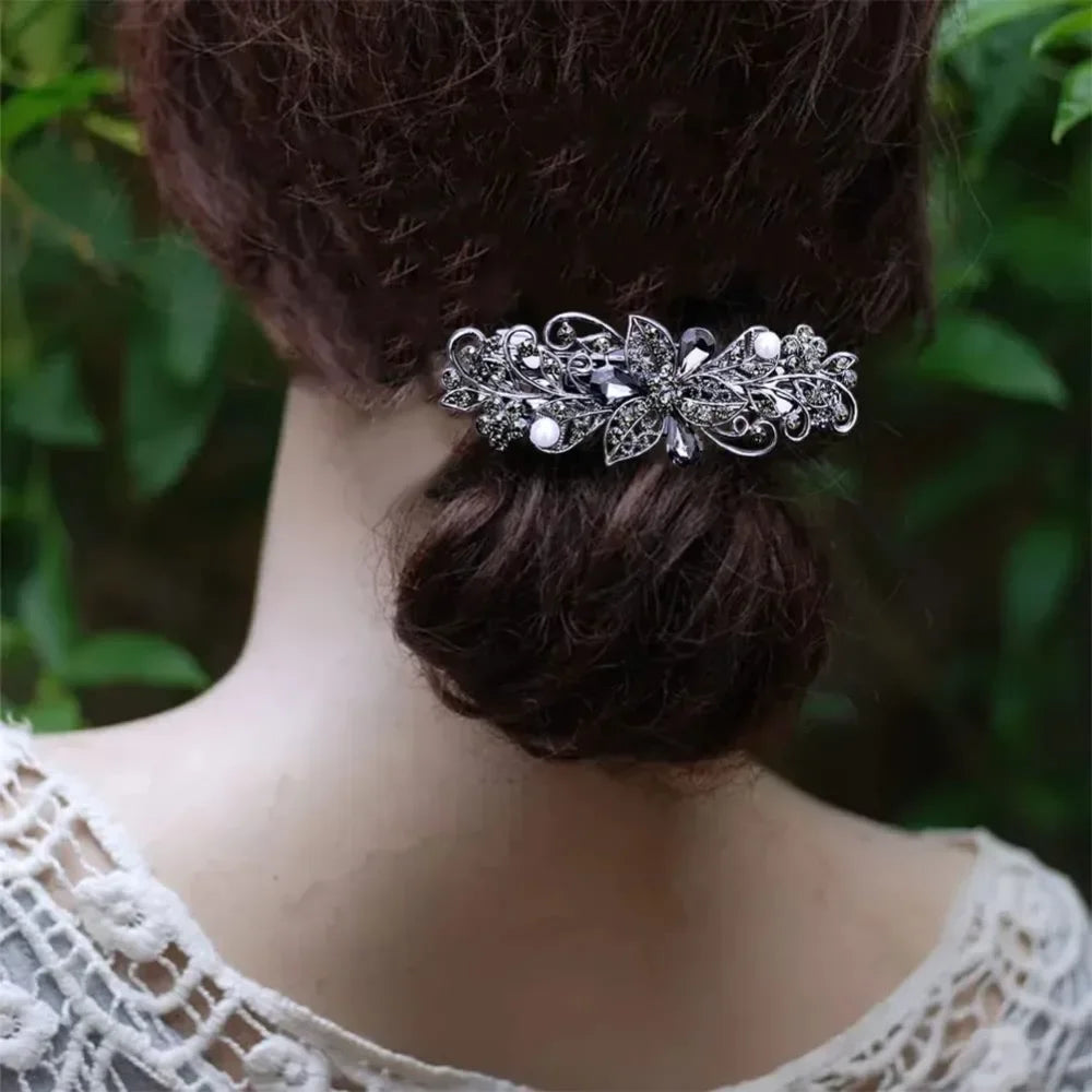 Hair Barrettes for Women Ladies, Flower Crystal Rhinestones Barrettes Pearl Spring Hair Clip Accessories Women Fashion Ponytail