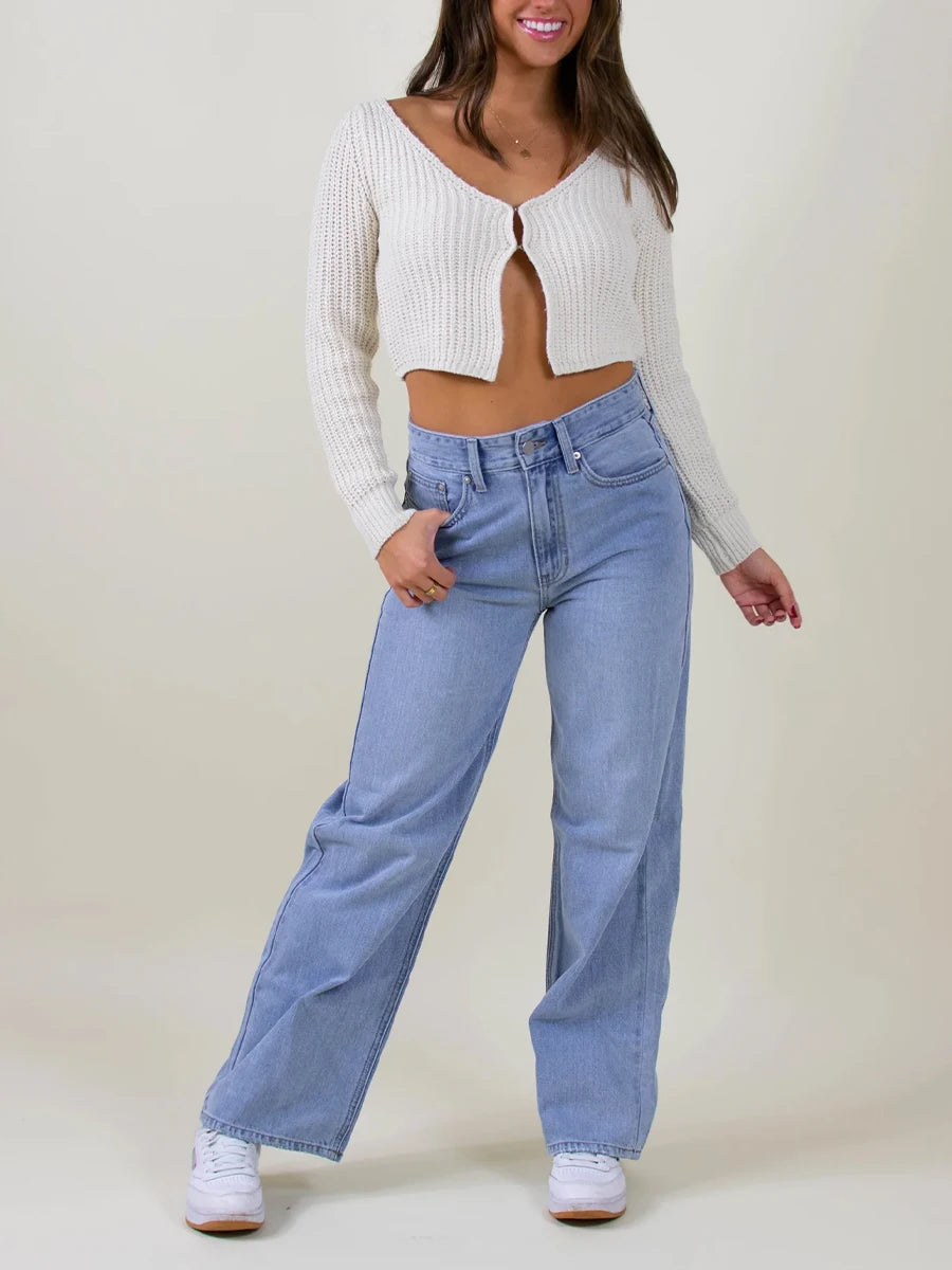 Women Knit Cardigan Long Sleeve V Neck Buckled Ladies Fall Crop Tops Streetwear