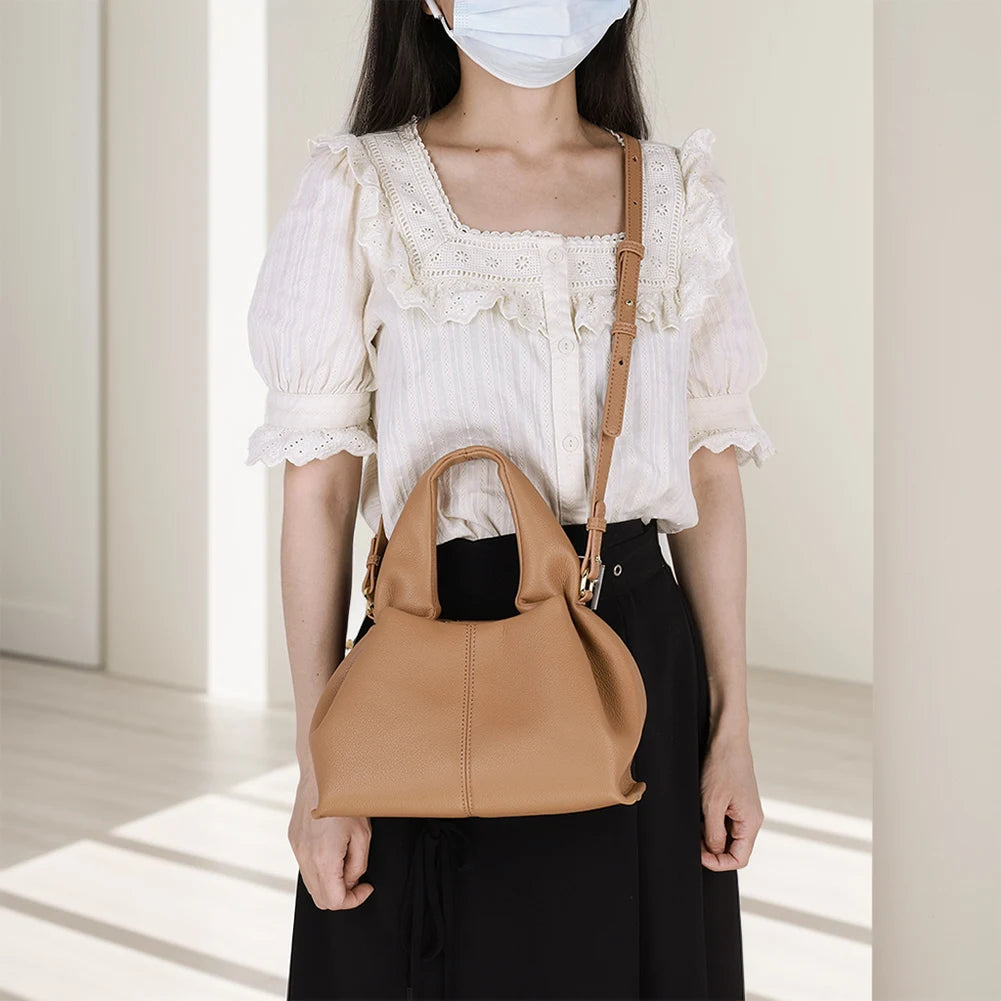 Soft Cloud Bag Solid Color Dumpling Clutch Purse with Removable Strap Retro Crossbody Bag Top Handle Bag for Women