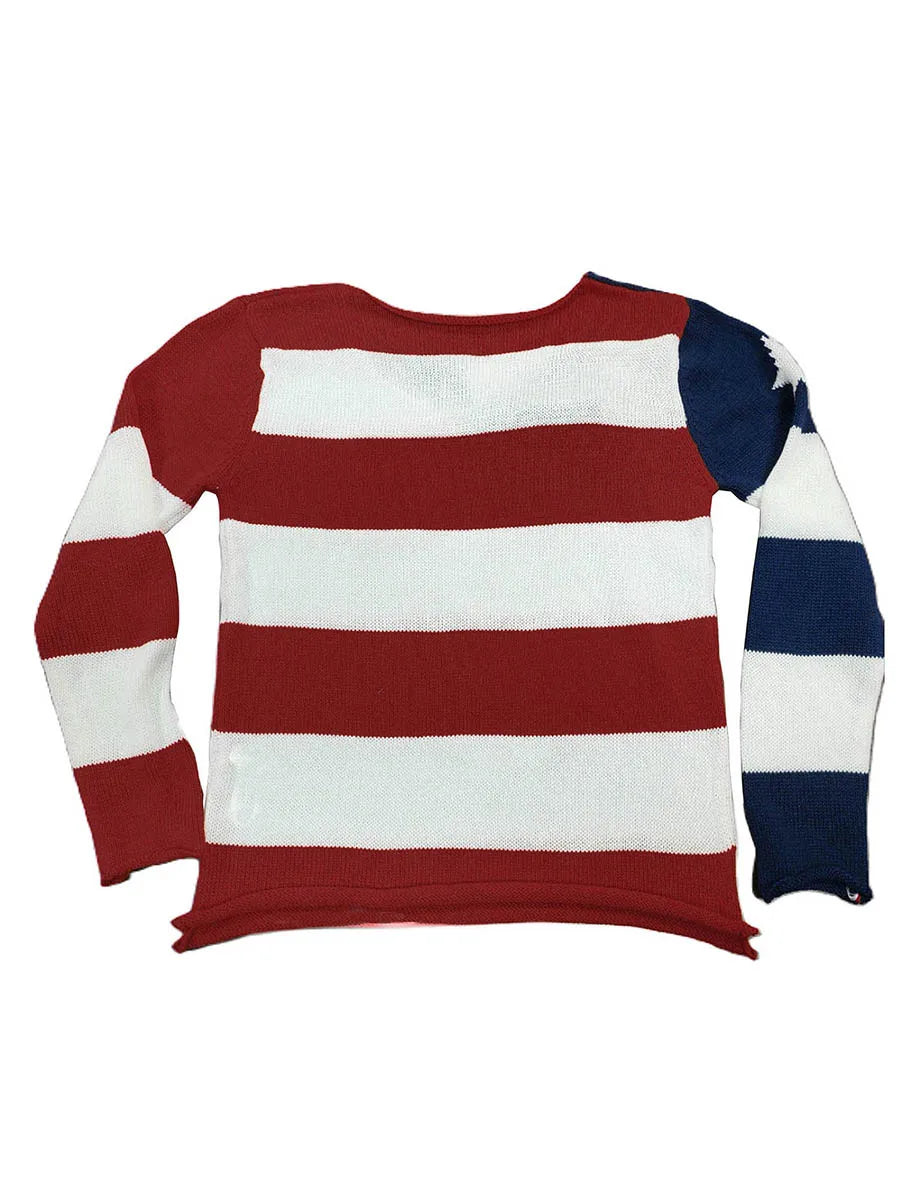 Women s 4th of July Knit Tops Flag Star Stripe Print Long Sleeve V-Neck Slit Hem  Knitwear