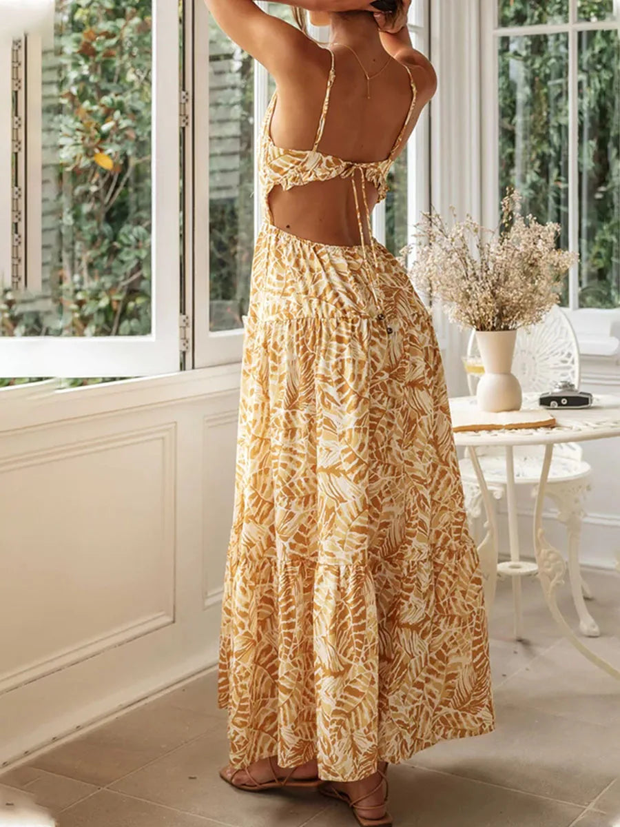 Women Bohemian Floral Dress Summer Backless A-Line Party Dress for Cocktail Beach Club Streetwear