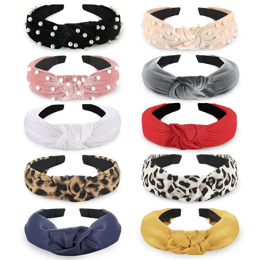 Fashion Headbands for Women Girls, 10 Pcs Knotted Pearl Wide Top Knot Turban Hair Bands/ Hoops Vintage Velvet Leopard Print