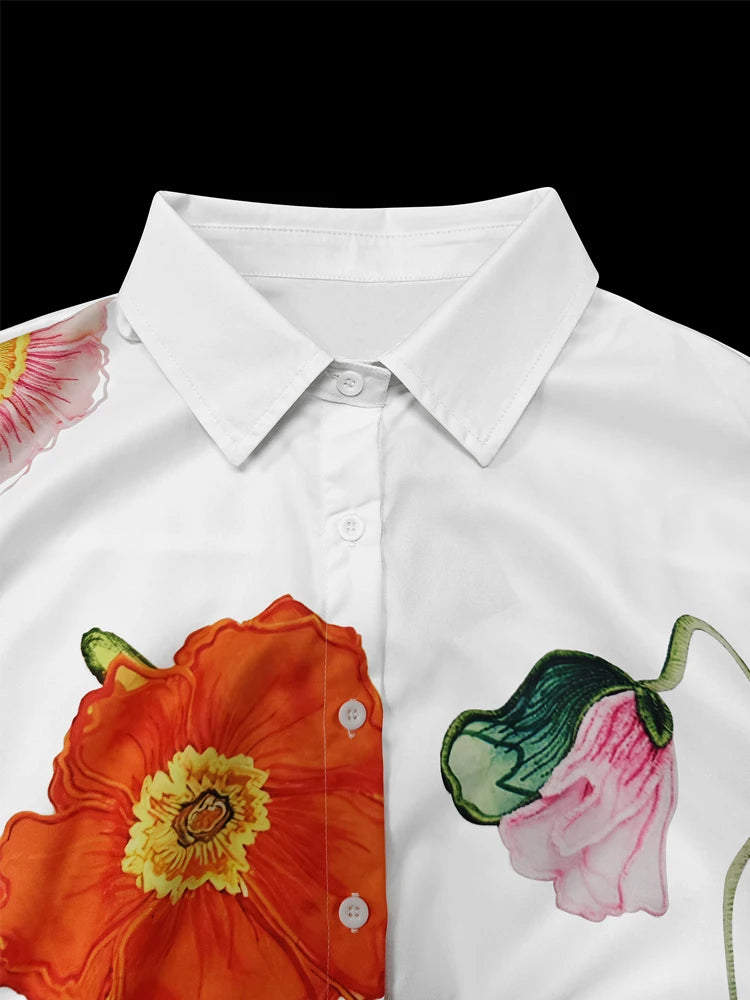 Korean Fashion Floral Printed Lapel Blouse For Women 2025 New Autumn Flared Sleeves Buttoned Urban Casual Shirts Tops