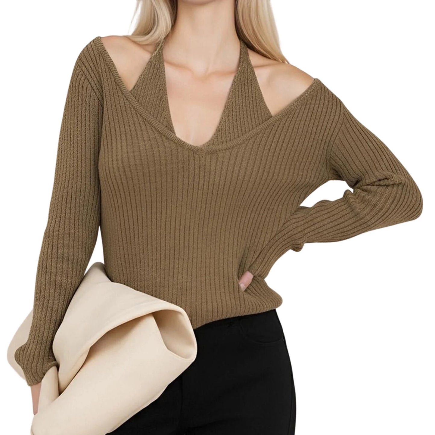 Women s Cozy Cable Knit Sweater with Cold Shoulder Detail and Halter Neckline for Autumn and Winter Fashion