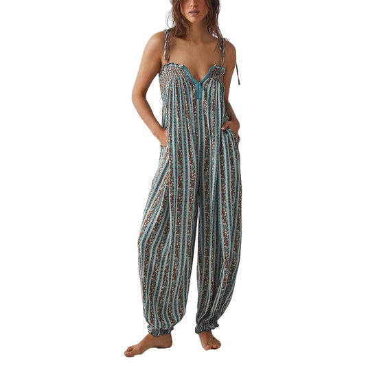 Women Summer Cami Jumpsuits Retro Floral Print Tie-Up Spaghetti Strap Sleeveless Long Rompers Fashion Loose Playsuits