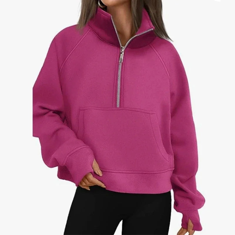 New Women's Spring Autumn Winter Stand Collar Plus Fleece Solid Color Hoodie Long Sleeve Pocket Loose Half Zip Pullover Hoodie