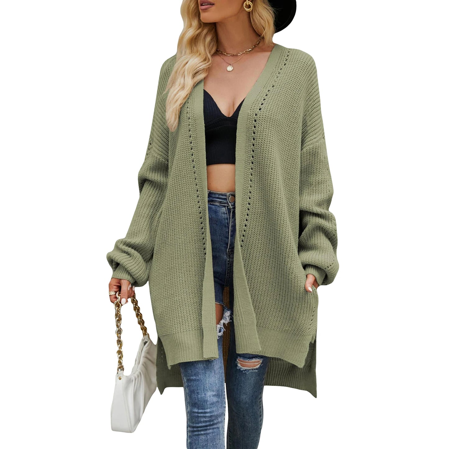 Women s Autumn Winter Knit Cardigan Long Sleeve Open Front Split Hem Knitwear Sweater