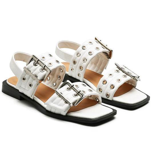 GIGIFOX INS Brand New Buckle Strap Square Toe Flat Sandals For Women Metal Buckle Rivet Leisure Casual All-Match Flats Shoes