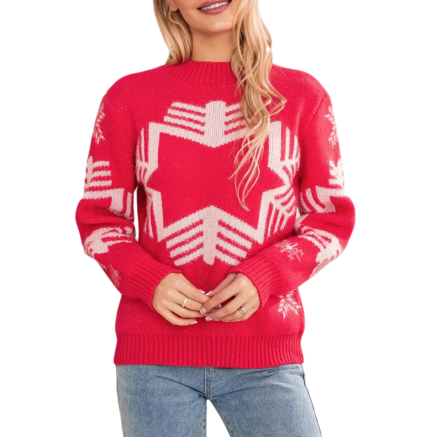 Women Cute Christmas Sweater Snowflake Print Long Sleeve Pullover Tops Knitwear for Fall Warm Streetwear