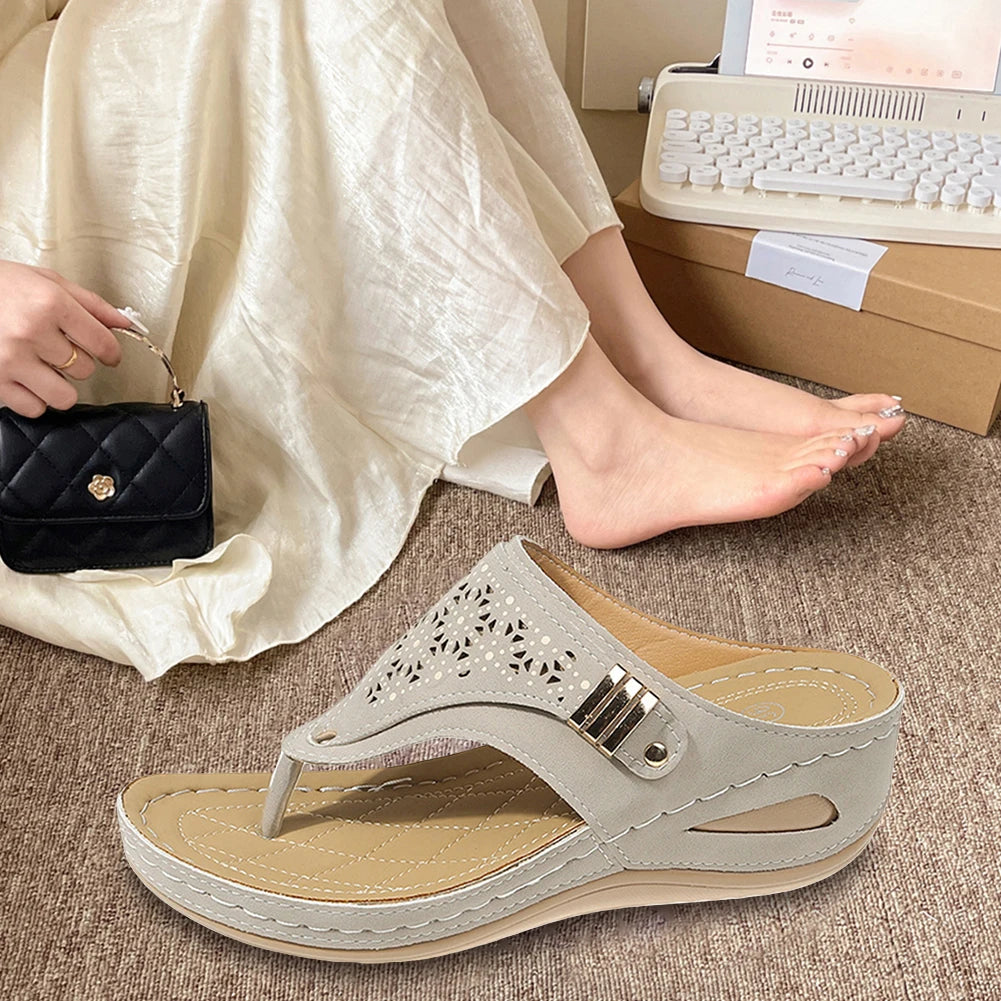 Women Orthopedic Summer Hollow Sandals Comfortable Thick Sole Beach Shoes Non Slip Clip Toe Outdoor Travel Footwear