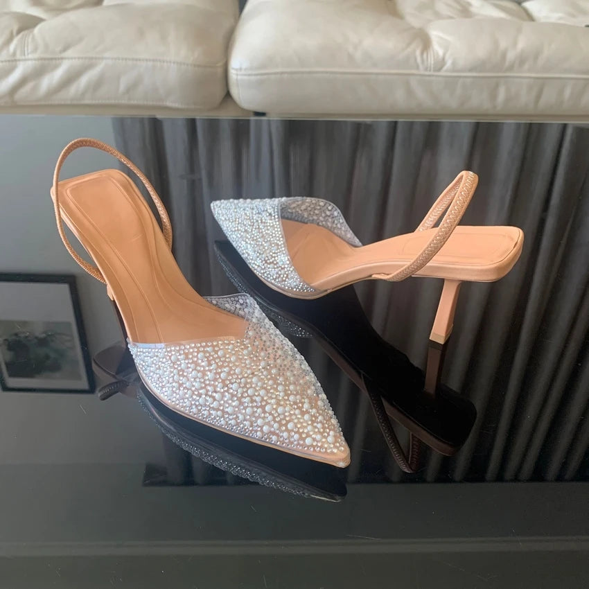 2025 Fashion Summer Women High Heels Pearl Decoration Slingback Woman Pumps Pointed Toe High Heels Sandals Elegant Woman Shoes