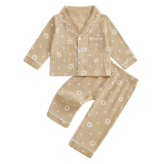 Autumn Kids Girls Pajamas Set Flower Print Long Sleeve Tops Elastic Waist Pants Sleepwear Fall Clothes