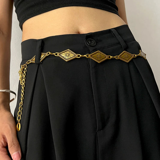 Vintage Gold Chain Belt Female rhombus Metal Lady Waist Punk Goth Belts For Women Silver Thin Waistband Pant Harajuku Accessory