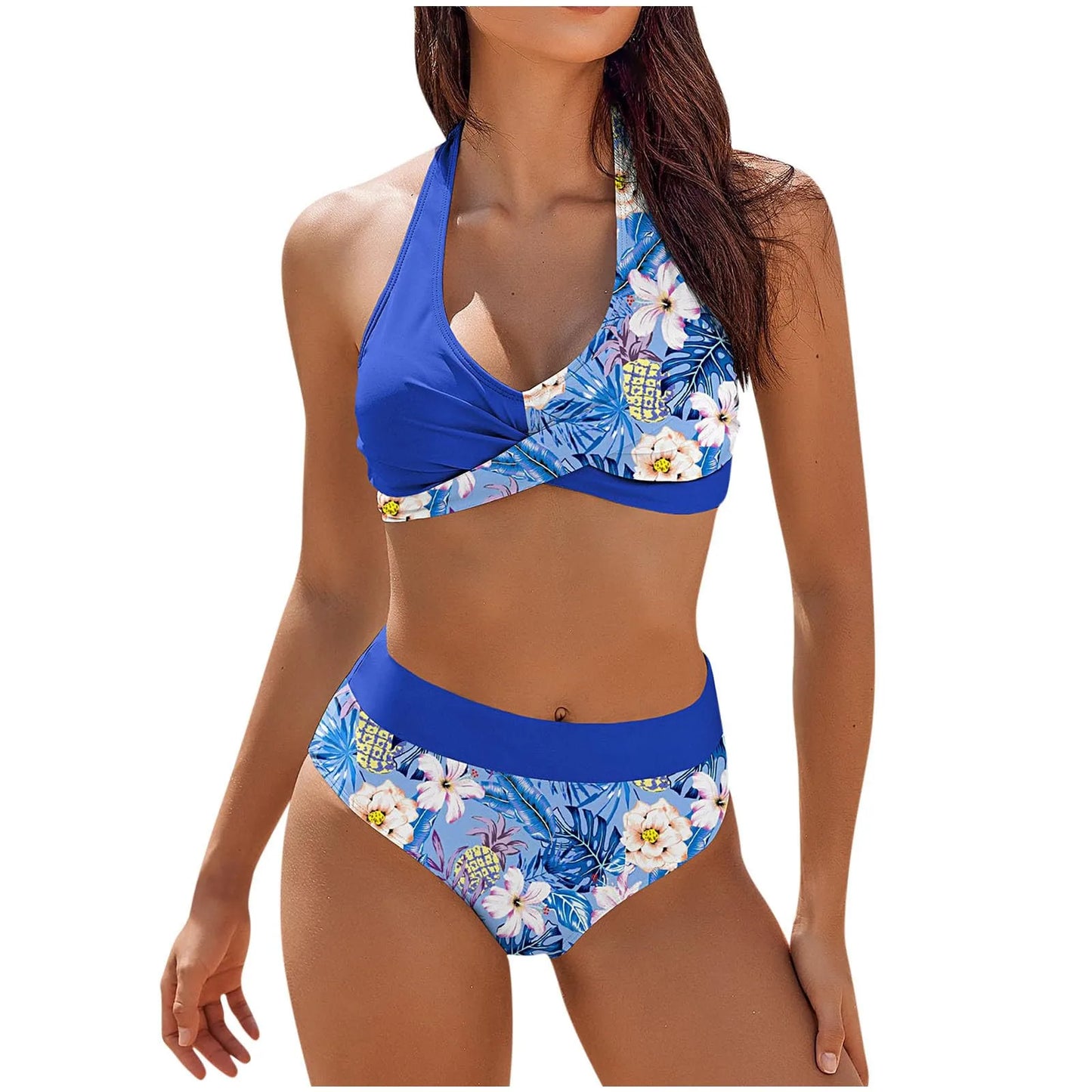 bikini Beach Colour Block Floral Printed Women's Swimsuit High Waist Two Piece For Teenagers biquinis feminino tendência 2024