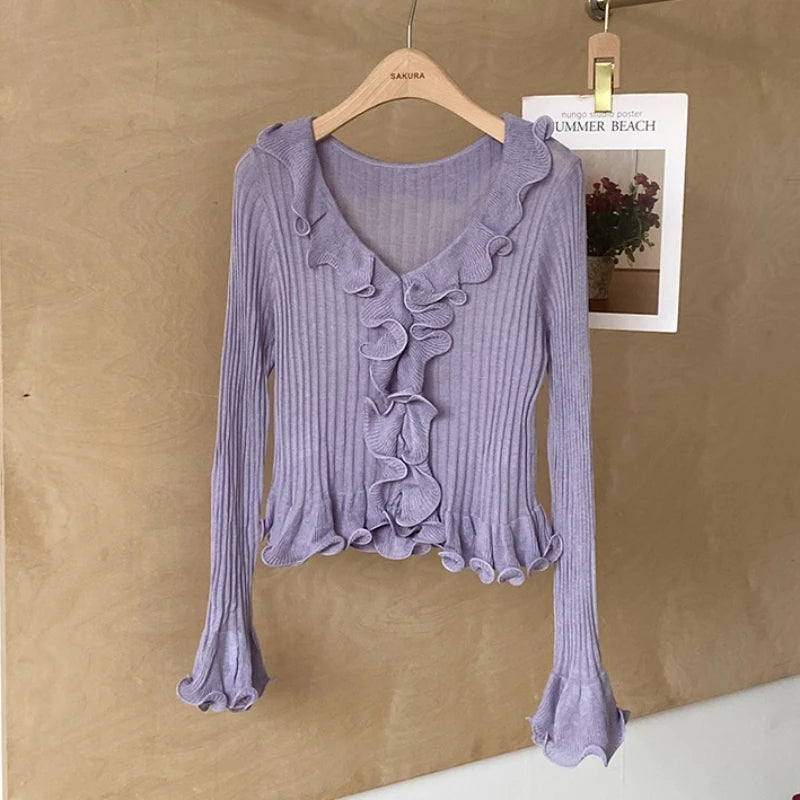 Women's Ruffled Sweater Long Sleeve Slim Fit Rib Knit Top Pullover Jumper Ladies Knitwear Autumn Winter Fairycore Outfit