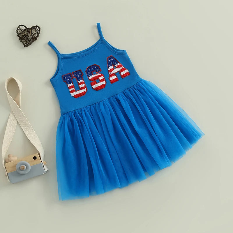 Independence Day Toddler Girl Dress with Embroidered Letters Sleeveless Tulle Patchwork A-Line Dress Perfect for Summer