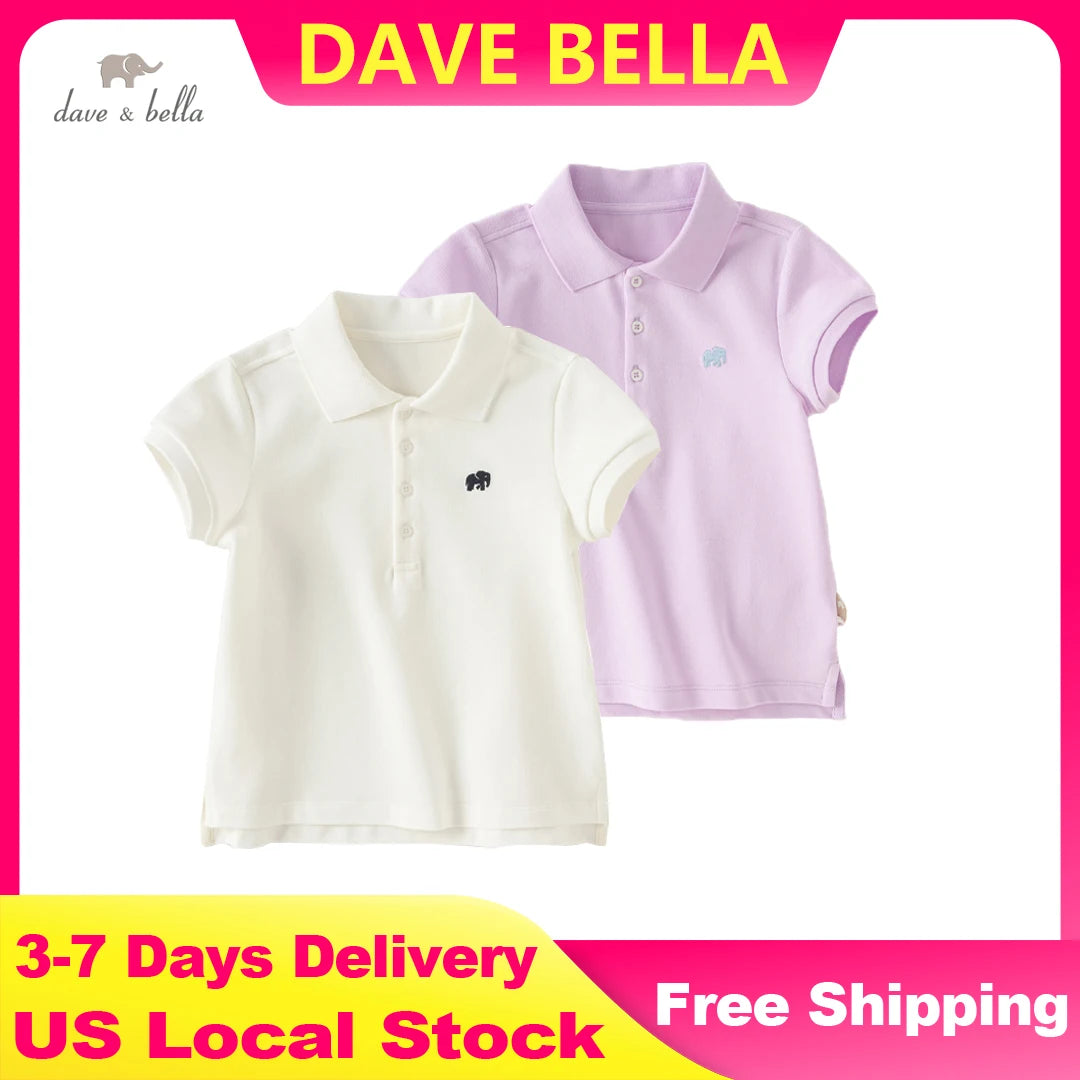 Dave Bella Girl's Summer Polo T-shirt Short Sleeve Cotton T-Shirt Children Casual Outdoor Clothes Kids Sister Clothes DB2240618