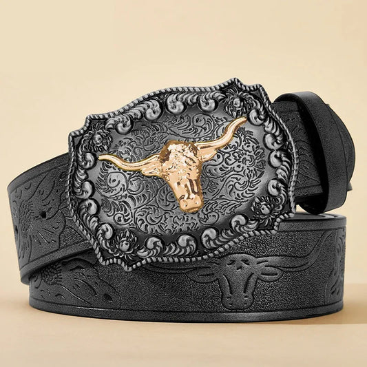 New Men's Western Cowboy Belt - Cool Handsome Black Faux Leather with Embossed Design and Stylish Alloy Buckle men belt