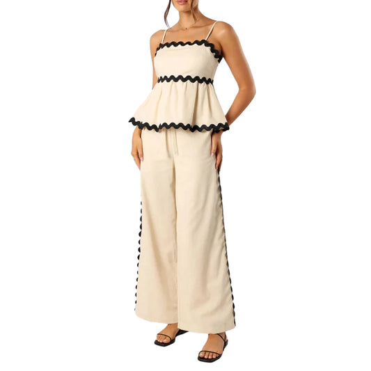 Women s 2 Piece Summer Set Square Neck Backless Ruffled Hem Spaghetti Strap Crop Tops Drawstring Ric Rac Pants Outfits