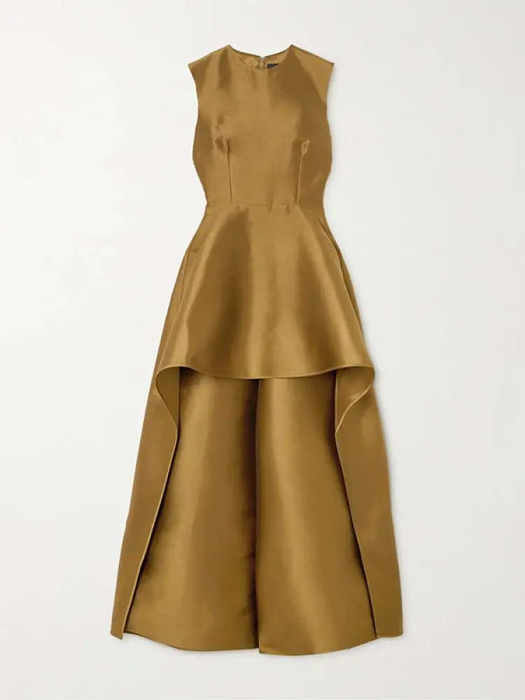 2024 New Women's Evening Dress Jumpsuit  Wrap Falbala Layered Summer Solid Color Zipper Round-neck Evening Jumpsuits