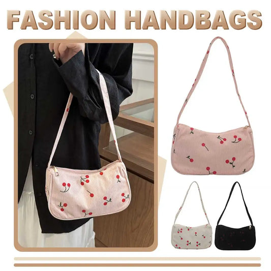 Women Girls Corduroy Cherry Underarm Bag Zipper Closure Purse Tote Cute Purse Shopper Bag for Work Travel