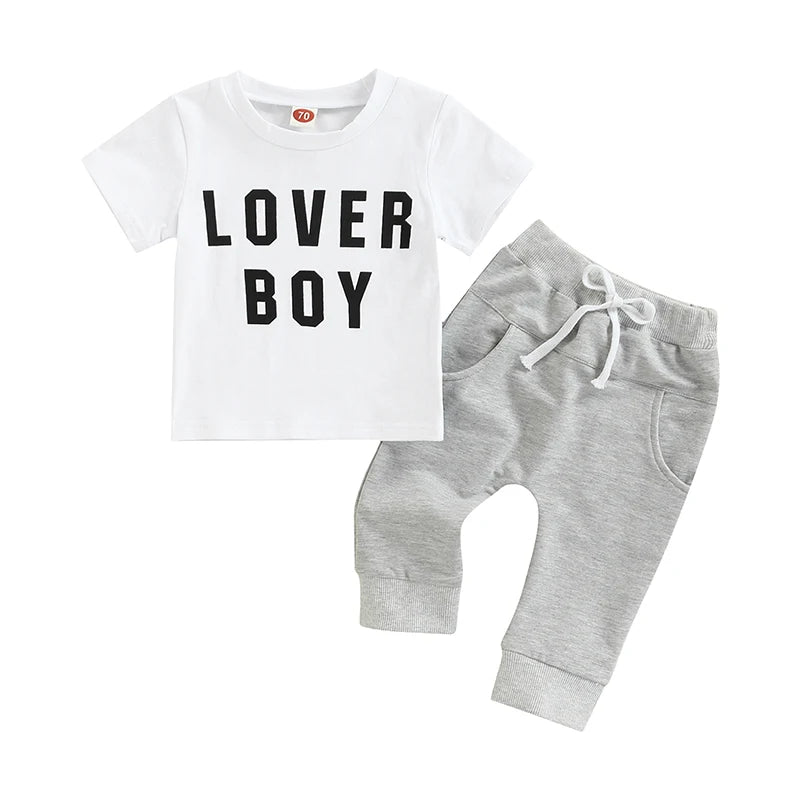 Boys 2-Piece Set with Short Sleeve Letter Print T-Shirt and Solid Color Long Pants Round Neck Tee and Trouser Outfit