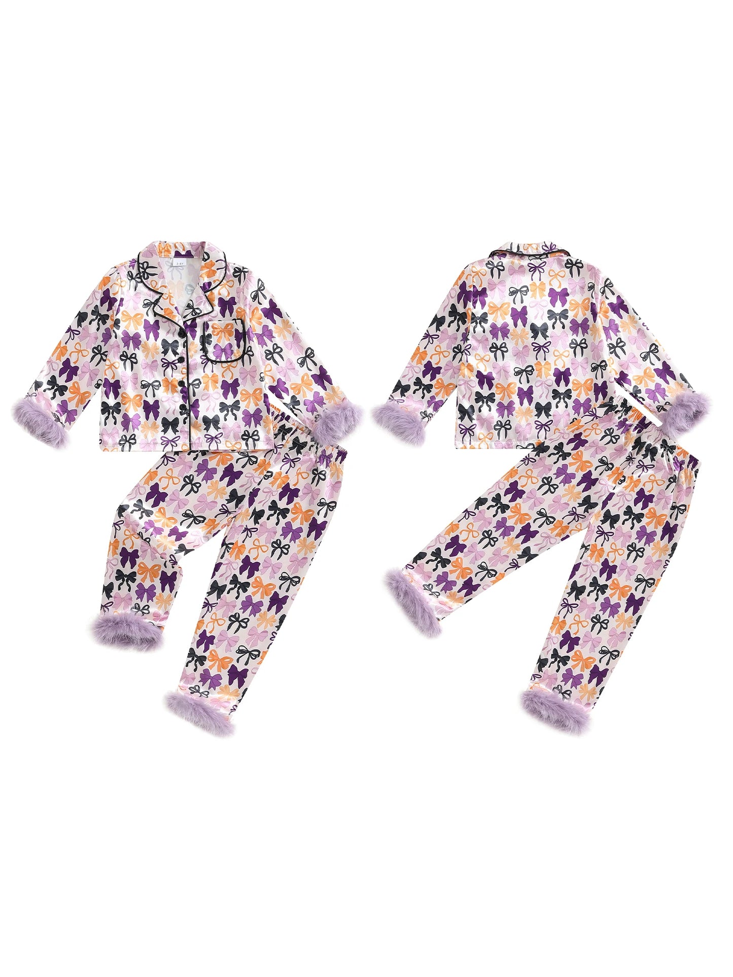 Kids Halloween Satin Pajama Set with Bow Print Long Sleeve Lapel V Neck Top and Pants Sleepwear for Toddlers
