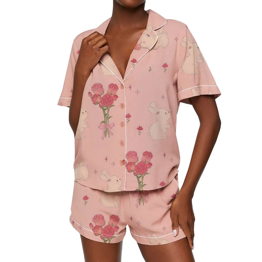 Women’s 2 Piece Pajamas Set Cute Bunny Print Short Sleeve Button Up Shirt Shorts Set Home Clothes