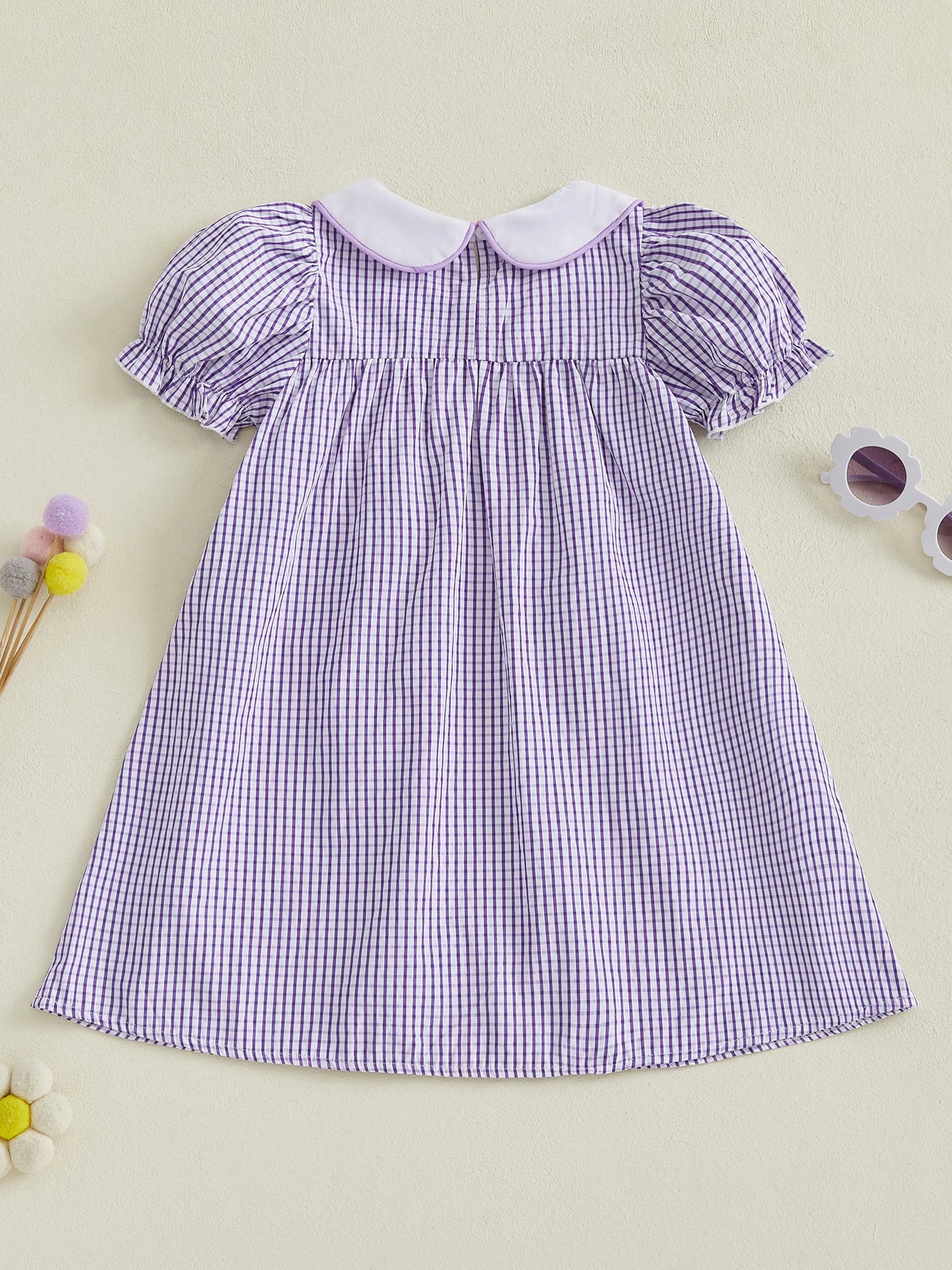 Adorable Toddler Girl Dress with Cute Short Sleeves and Doll Collar Featuring Lobster Embroidery on Plaid Pattern - Perfect
