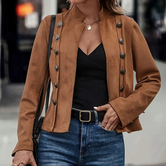 Women's solid color decorative double breasted jacket new slim fit and slimming look, deer fur velvet retro long sleeved jacket