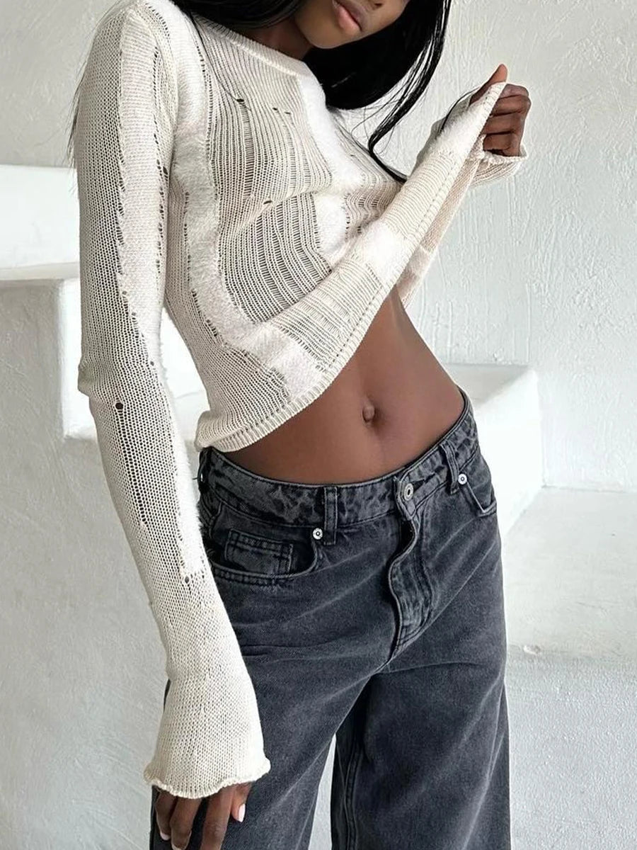 Women  Fit Knit Tops Ripped Patchwork Crew Neck Long Sleeve Knitted Shirts Sweater Pullovers Spring Fall Jumpers Streetwear
