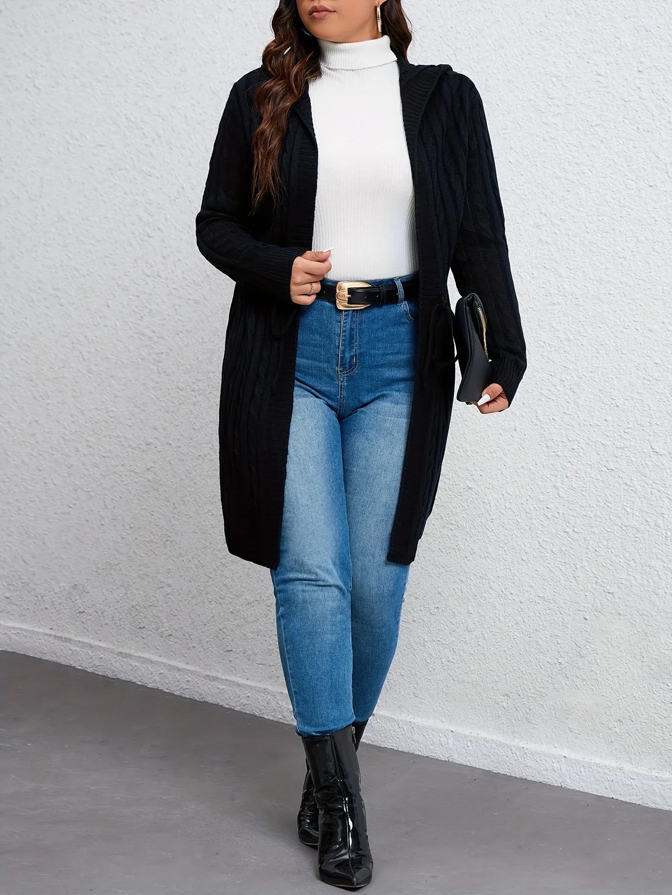 Plus Size 1XL-5XL Women's Versatile Solid Color Cardigan Top Fashionable Drawstring Knit Hooded Cardigan Casual Loose Cardigan